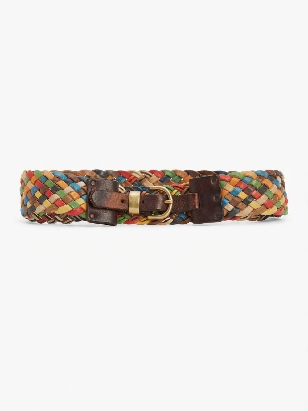 Vintage Multi-Color Woven Leather Braided Belt Boho Chunky Statement